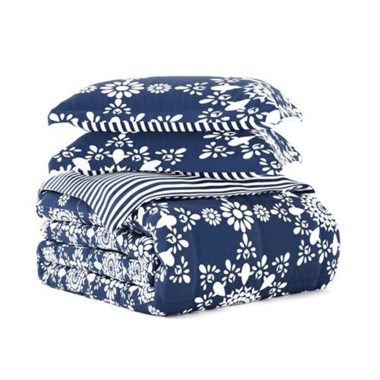 Reversible Daisy Medallion Striped Comforter Set Down Filled Microfiber with Pillow Shams